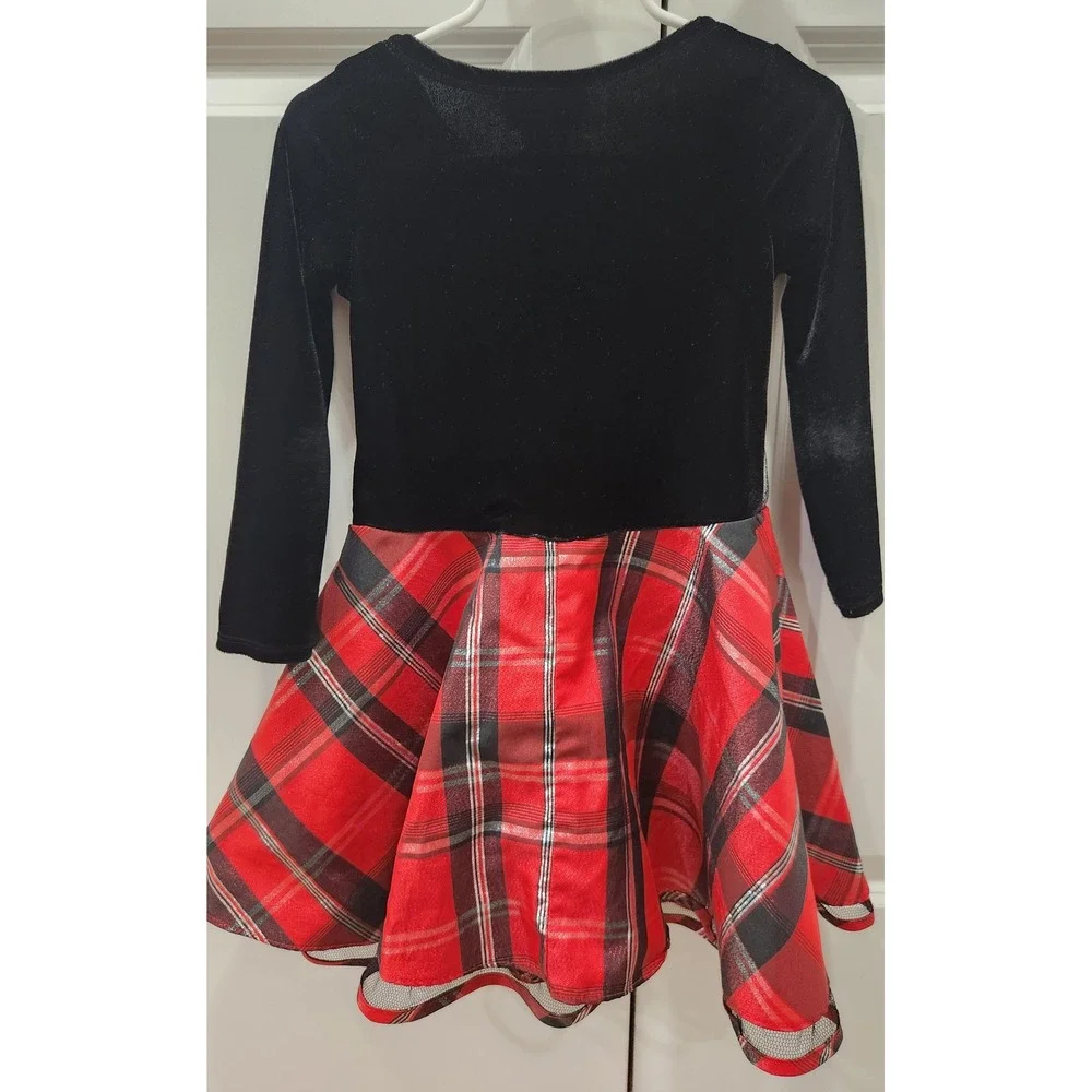 Bonnie Jean Girls Black‎ Velvet Red Plaid Silver Holiday Dress Christmas Size 4T
